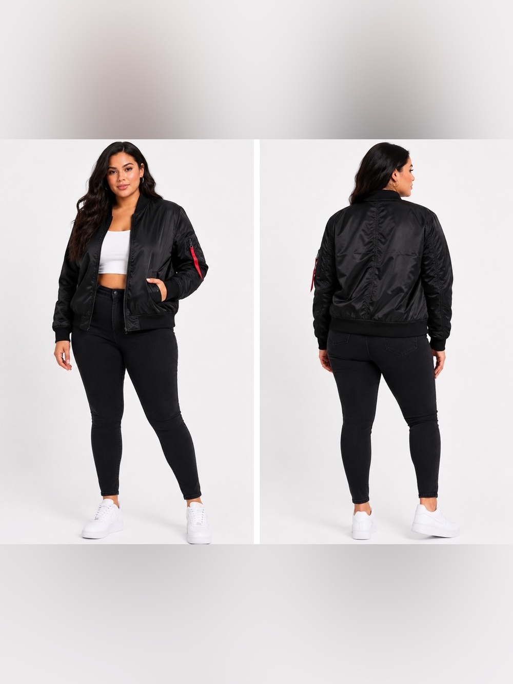 Plus Classic Black Bomber Jacket with Red Zip Accent - Women's